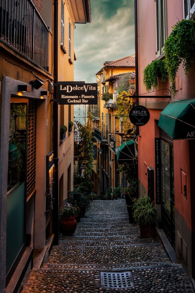 italy, alley, nature, street, shopping, cobblestone, town, sunset